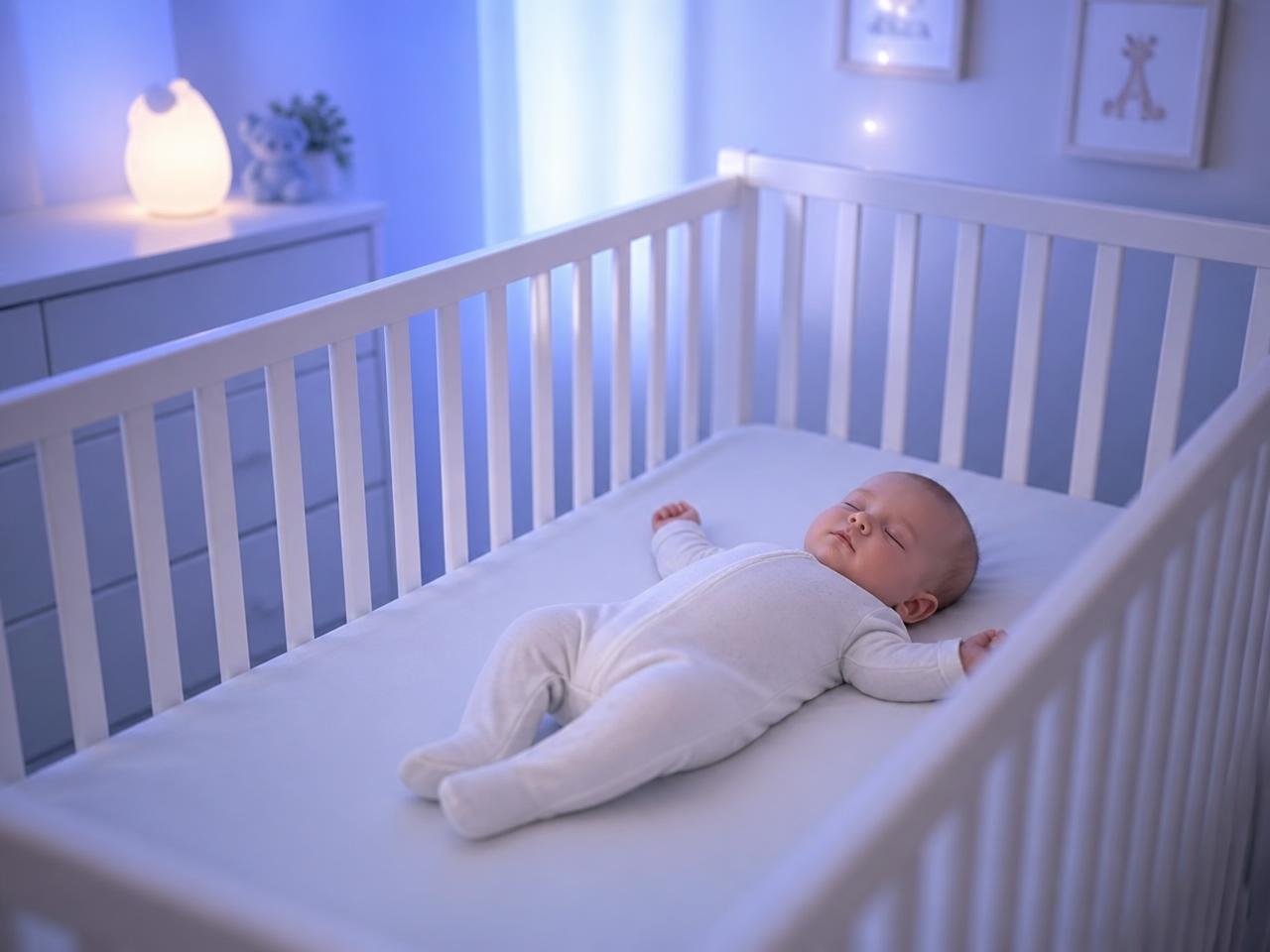 Bebê dormindo de costas em berço seguro, com luz suave