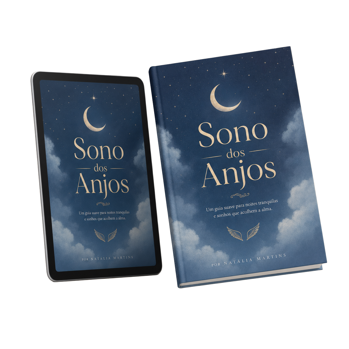 Mockup do e-book Sono dos Anjos em tablet e capa impressa